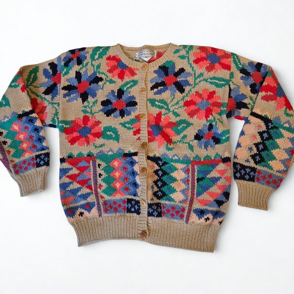 The Eagles Eye Floral Knit Sweater Wool Beige Retro Cottagecore Cardigan L - Picture 1 of 12